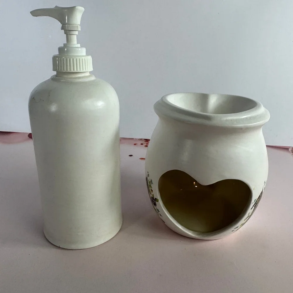 Vintage Birdhouse Pansy Ceramic Soap Dispenser and Heart Wax Warmer Set White